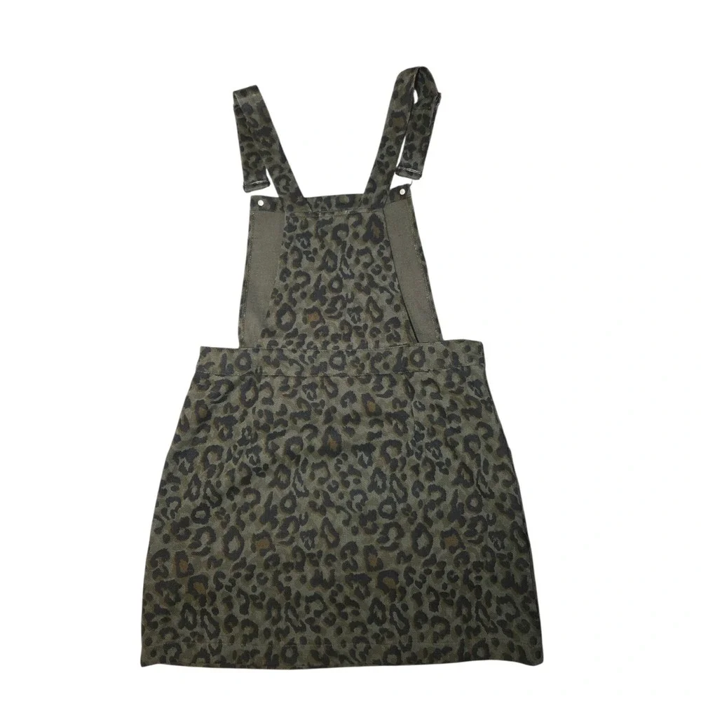 Umgee Olive Green Leopard Print Coverall Denim Dress juniors knee/mini M